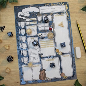 May include: A blue and white character sheet for a tabletop role-playing game. The sheet is filled with various illustrations and spaces for writing. There are several dice scattered around the sheet, including a 20-sided die, a 12-sided die, a 10-sided die, a 6-sided die, and a 4-sided die.