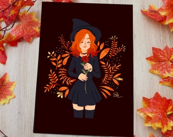 Lámina artística de bruja otoñal / Ilustración de chica espeluznante (descarga digital)