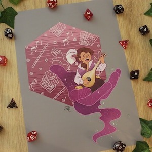 May include: A pink and white illustration of a bard playing a lute inside a large, pink, six-sided die. The die is filled with musical notes, playing cards, and other symbols. The bard is wearing a brown tunic and a white hat. The background is a light gray.