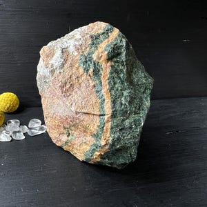 Raw Orbicular Jasper 3.6 inches green and peach Suiseki Stone with cut base