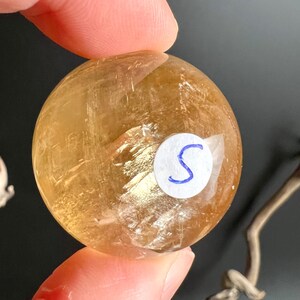May include: A golden-yellow, translucent crystal sphere. A small white sticker with a blue "S" is affixed to the surface. The sphere is held between fingers against a dark background, with a piece of wood visible.
