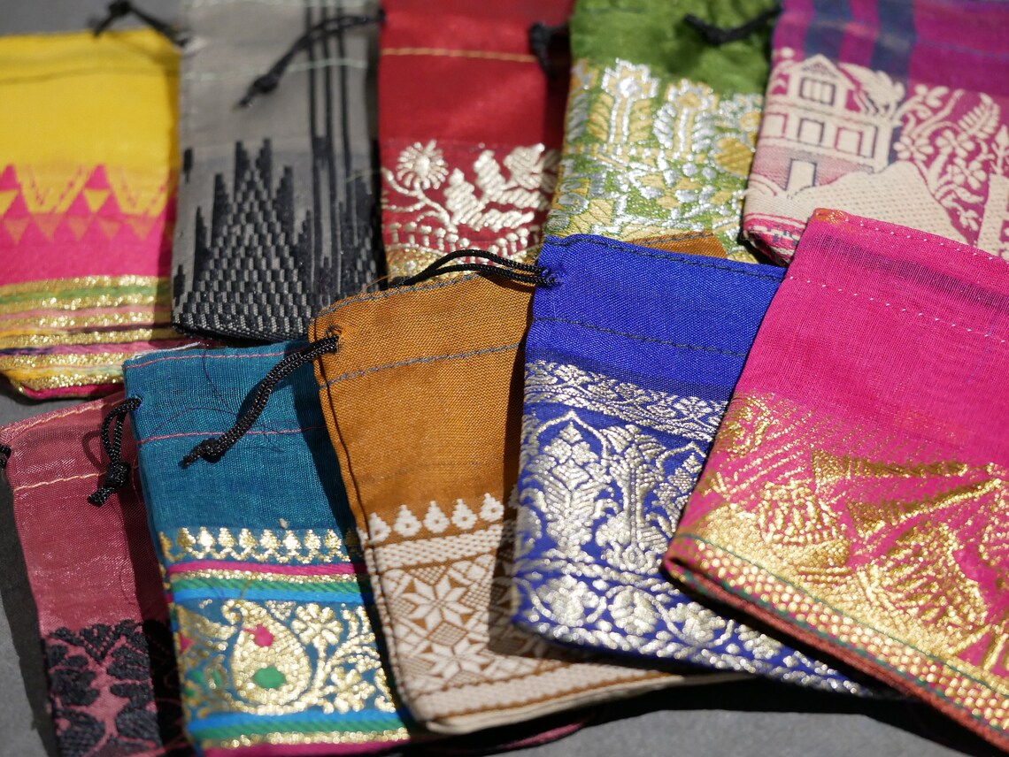 10pc Adorable Colorful Gift Bags Recycled Sari drawstring Etsy