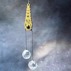 Suncatcher with Black Gagat Hanging Window Crystal Prism Glass Sphere, Feng Shui Decor Sun Catcher