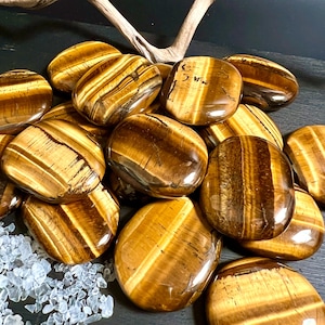 Könnte beinhalten: Eine Sammlung polierter Tigeraugensteine. Die oval geformten Steine weisen goldbraune und dunkelbraune Bänder auf. Einige haben eine glänzende Oberfläche. Einige kleine, klare Kristalle sind unten links zu sehen.