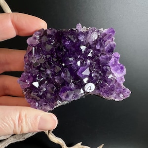 Könnte beinhalten: Ein Cluster aus tiefvioletten Amethystkristallen. Die Kristalle sind dicht gepackt und bilden eine strukturierte Oberfläche. Ein kleiner weißer Aufkleber mit dem Buchstaben "A" ist sichtbar. Der Amethyst wird von einer Hand gehalten.