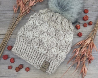 The Vita Beanie, Merino Wool Winter Hat, Removable Faux Fur Pom Pom, Luxury Handknit Beanie for Women