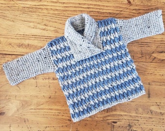 Baby Crocheted Sweater - Blue and Grey - 6 mths