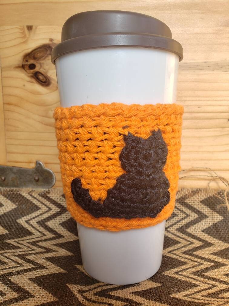 Crochet CAT Coffee Cup Cozy Kitty Cup Warmer Brown Cat 