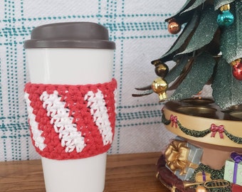 Absorbent Crochet Holiday Cup Cozy - Peppermint stripes