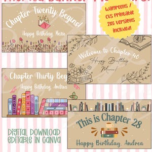 May include: Four floral book chapter themed banner mockups measuring 35x60 inches. The designs feature tan backgrounds with illustrations of books, flowers, and text including Chapter Twenty Begins, Welcome to Chapter 40, and This is Chapter 28.