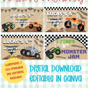 May include: Four Monster Jam birthday banner templates measuring 35x60 inches. The designs feature monster trucks, checkered flags, and the text Lucas's 5th Monster Jam. Includes digital download and editable Canva files for printing at Walgreens or CVS.