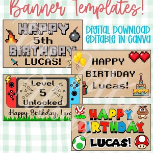 May include: Four video game theme banner templates measuring 35x60 inches. The designs feature pixelated text, birthday greetings for Lucas, game controllers, hearts, balloons, and various game characters on a tan background with digital download text.