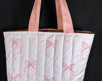 Handmade Quilted Tote Bag, Fabric Tote, Reusable Shopping Bag, Everyday Carryall, Tote Bag, Handmade Tote Bag, Pink Bow Tote Bag