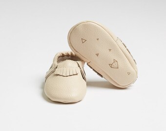 Genuine Baby Leather Moccasins Cream "Nuna" - featuring geometric fox design