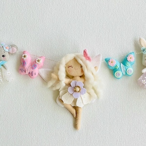 Whimsical Felt Fairy Garland – Handmade Nursery Wall Decor with Mouse, Bunny, and Butterflies – Soft Pastel Baby Shower Gift