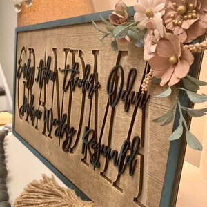 May include: A wooden sign with the word "Grandma" in large, black, cursive letters. The sign is decorated with a blue border and a floral arrangement of pink and white flowers. The names "Emily, Aiden, Theodore, Odin, Aspen, Wesley, and Reginald" are written in smaller, black, cursive letters below the word "Grandma".