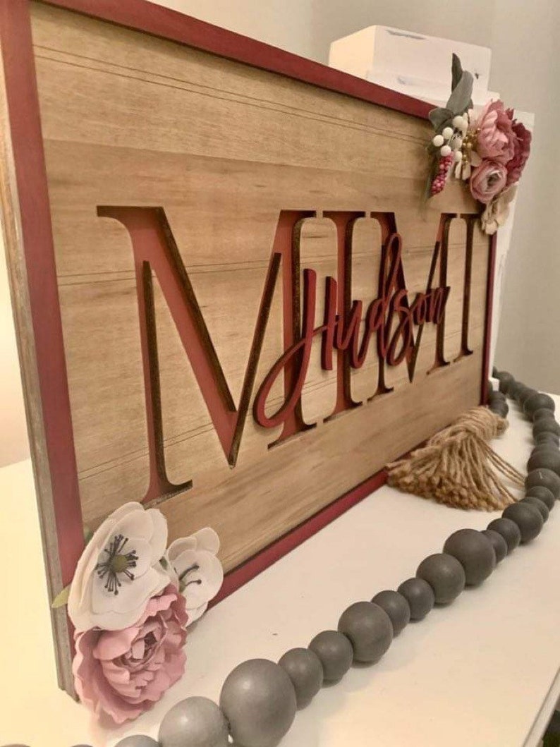Pu&ograve; includere: Cartello in legno con il nome "MIMI" in grandi lettere bordeaux, con "Hudson" in corsivo sotto. Il cartello &egrave; incorniciato in bordeaux e decorato con fiori finti. Sono presenti anche una ghirlanda di perline grigie e un nappa.
