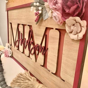 Pu&ograve; includere: Cartello in legno con il nome "MIMI" e il nome "Hudson" in corsivo. Il cartello &egrave; decorato con finiture bordeaux, fiori e un nappa di iuta. Lo sfondo &egrave; marrone chiaro.