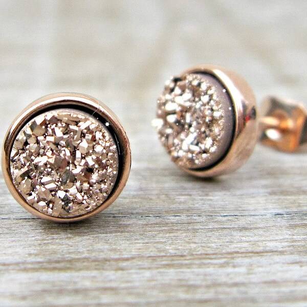 Rose gold earrings, bridesmaid gift, rose gold druzy earrings, druzy studs, great gatsby jewelry, bridesmaid jewelry, raw stone earrings