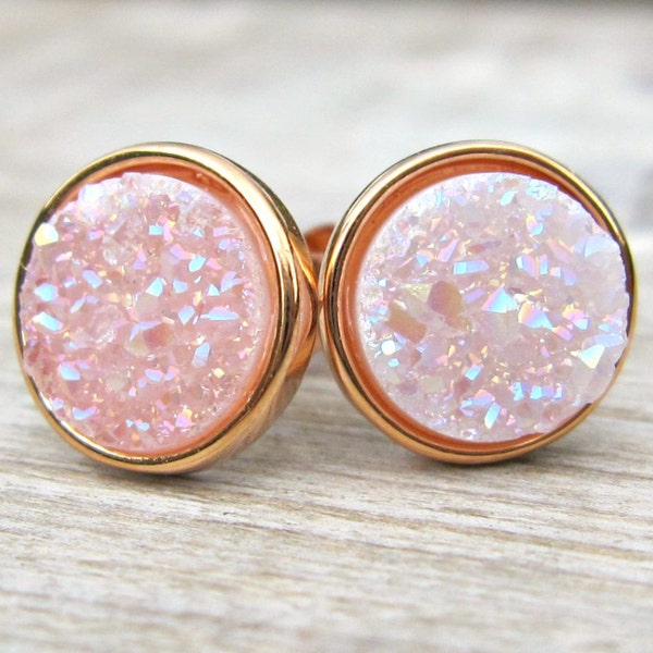 White druzy studs, rose gold earrings, great gatsby jewelry, bridesmaid jewelry, rose gold earrings, raw stone earrings,contemporary jewelry
