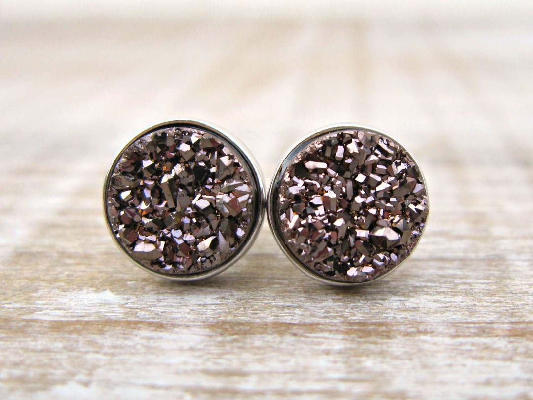 Druzy Studs, Brown Druzy Earrings, Rhodium Plated Earrings, Coffee ...