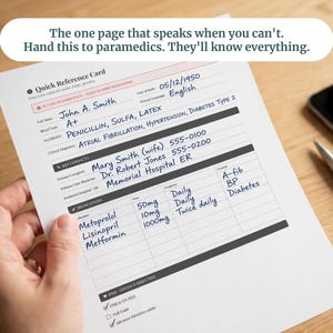 May include: A white medical quick reference card with black text and blue handwritten entries. The header reads: The one page that speaks when you can't. Hand this to paramedics. They'll know everything. It includes sections for personal info, allergies, contacts, and medications.