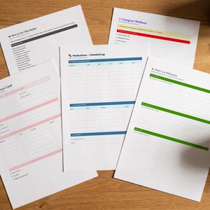 May include: A set of five white paper sheets featuring printed organizational forms. The documents include titles such as How to Use This Binder, Caregiver Wellness, Quick Reference Card, Medications - Detailed Log, and Daily Care & Routines.