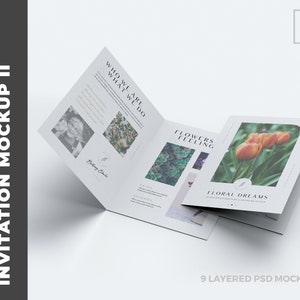 Op de afbeelding: Een mockup van een bifold-brochure met een bloemenontwerp. De brochure is open om de binnenpagina's te laten zien, die tekst en afbeeldingen bevatten. De tekst op de voorpagina luidt "Wie we zijn, wat we doen". De tekst op de binnenpagina's luidt "Flowers Feeling" en "Floral Dreams".