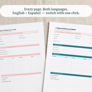 May include: Two medical quick reference cards, one in English and one in Spanish, featuring fields for personal information, emergency contacts, medications, and advance directives. The English card has pink accents, while the Spanish card has teal accents.