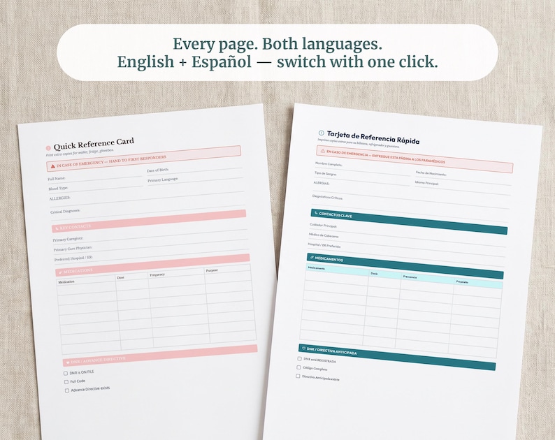 May include: Two medical quick reference cards, one in English and one in Spanish, featuring fields for personal information, emergency contacts, medications, and advance directives. The English card has pink accents, while the Spanish card has teal accents.
