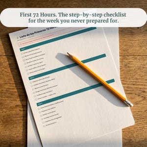 May include: A printed checklist titled First 72 Hours. The step-by-step checklist for the week you never prepared for. The document features sections labeled Day 1, Day 2, and Day 3 with checkboxes and teal horizontal lines, accompanied by a yellow pencil.
