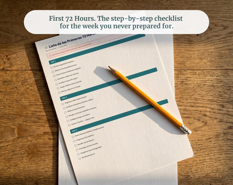 May include: A printed checklist titled First 72 Hours. The step-by-step checklist for the week you never prepared for. The document features sections labeled Day 1, Day 2, and Day 3 with checkboxes and teal horizontal lines, accompanied by a yellow pencil.