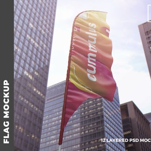 May include: A red and yellow flag with the text "cummulus" and "POWERFUL" printed on it. The flag is hanging from a pole in front of a city skyline.