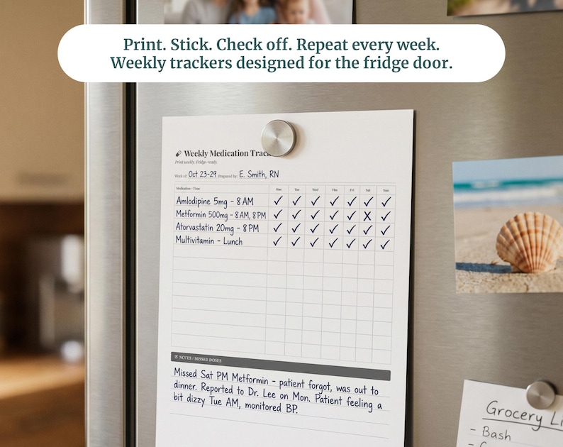 May include: A white paper weekly medication tracker sheet attached to a stainless steel surface with a silver magnet. The document features a grid for tracking daily doses of Amlodipine, Metformin, Atorvastatin, and Multivitamins with checkmarks.