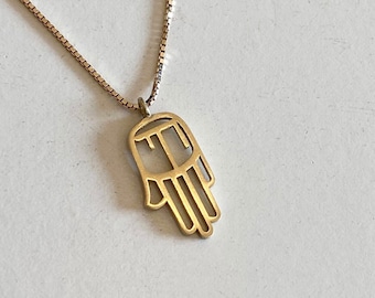 Hamsa Hand Necklace, Chai Pendant, gold necklace, evil eye necklace, hamsa necklace, bar mitzvah gift, 14k solid gold necklace,