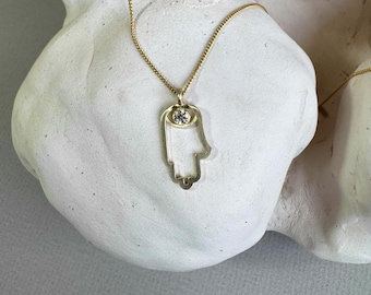 14K Solid Gold Hamsa hand Necklace with 0.11 ct Lab Grown Diamond, Hand made
