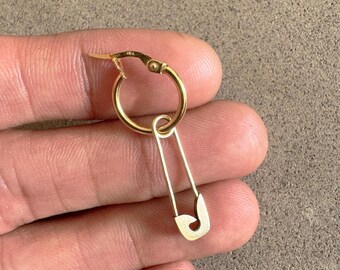 14K Solid Gold Safety Pin Hoop Earring, Modern Geometric Charm