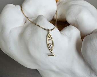 14K Solid Gold Fish Necklace with 0.11 ct Lab Grown Diamond, Hand made