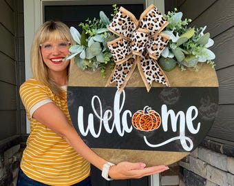Fall Front Door Decor | Fall Door Hanger | Fall Welcome Sign | Leopard Pumpkin | Fall Door Wreath | Fall Porch Decor | Fall Door Sign