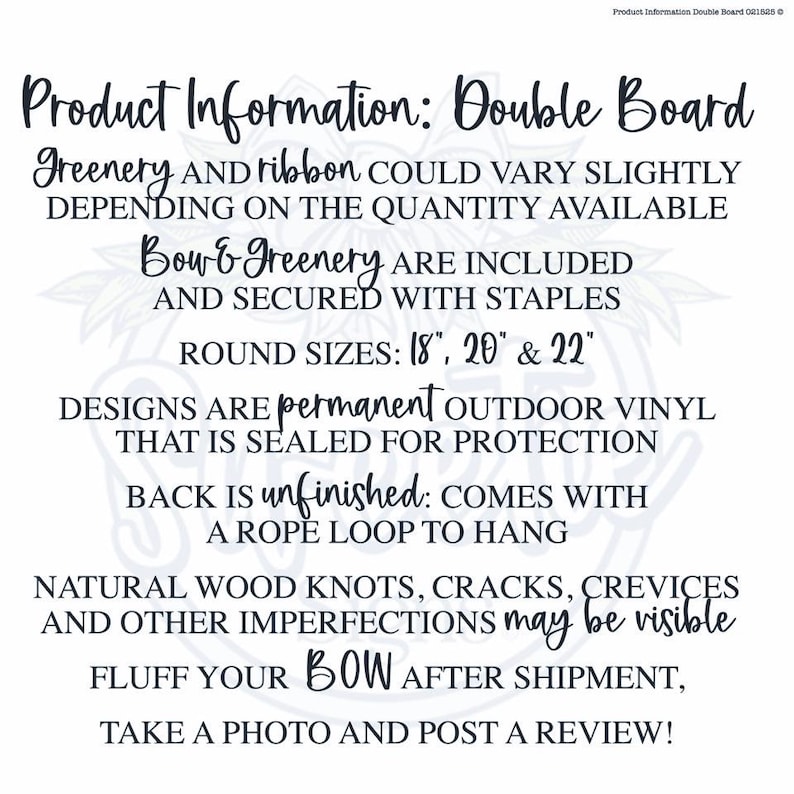 May include: A white informational sign with black text detailing product specifications for a double board. It lists round sizes of 18, 20, and 22 inches, notes the use of permanent outdoor vinyl, and mentions an unfinished back with a rope loop.