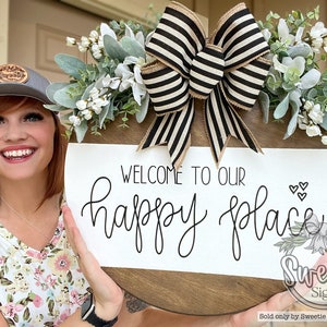 Front Door Decor | Welcome To Our Happy Place | Year Round Wreath | Welcome Sign | Front Door Sign | Front Door Hanger | Front Door Wreath