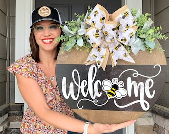 Front Door Decor | Front Door Wreath | Welcome Sign | Bee Sign | Front Door Sign | Welcome Door Hanger | Year Round Door Hanger | Bee