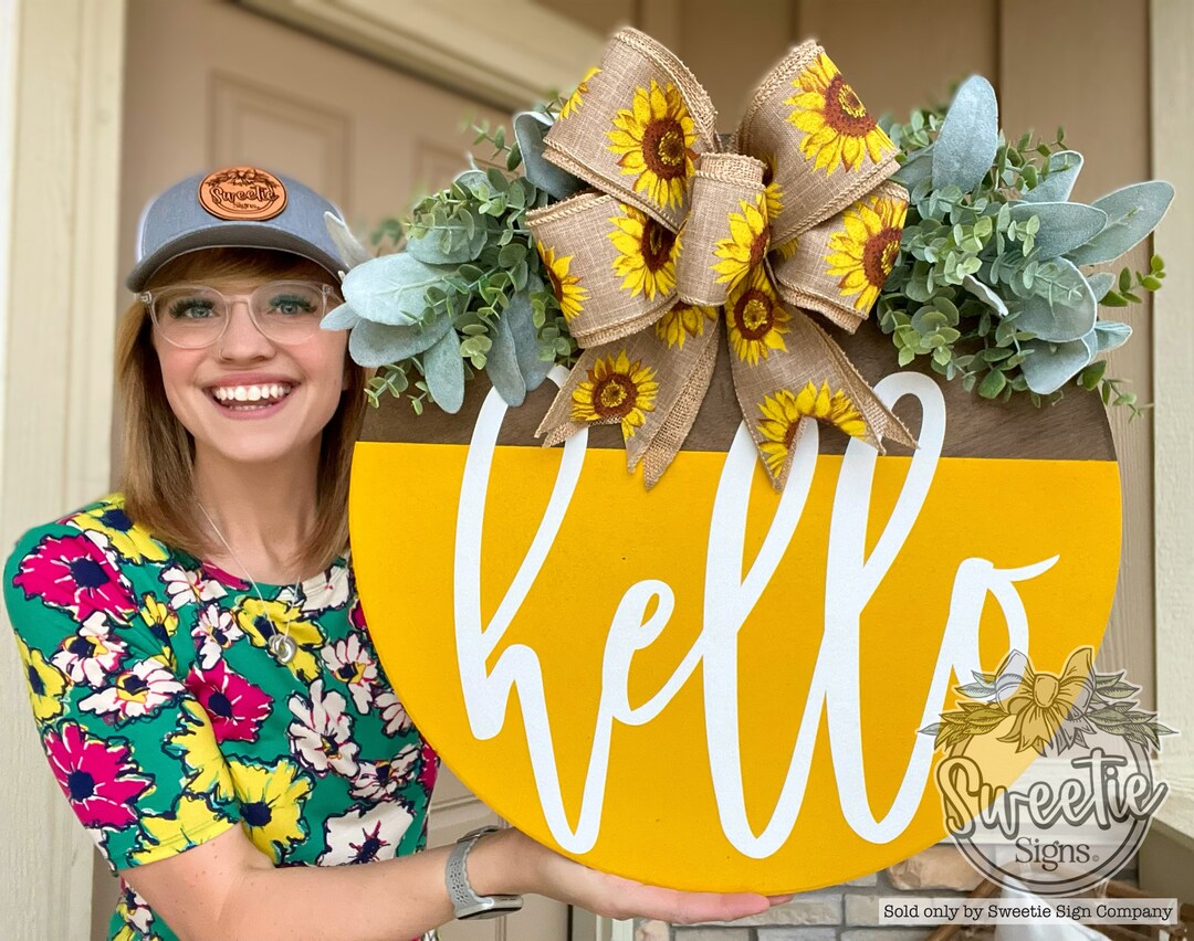 Front Door Decor Hello Sign Front Door Hanger Wreath Etsy