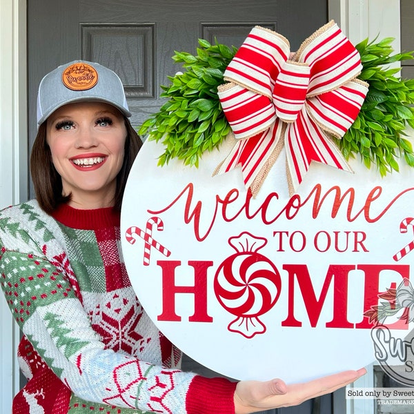 Christmas Front Door Decor | Welcome To Our Home | Peppermint | Christmas Wreath | Christmas Decor | Christmas Sign | Christmas Door Wreath