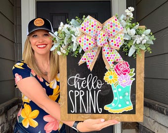 Spring Front Door Decor | Hello Spring | Spring Wreath | Rain Boots | Spring Front Door Wreath | Spring Door Hanger | Spring Door Wreath