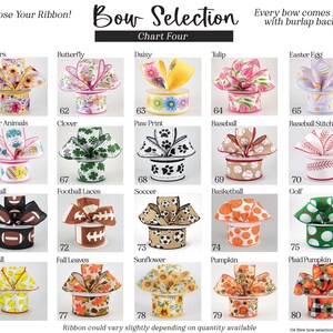 Op de afbeelding: Een lintselectiekaart getiteld Bow Selection Chart Four, met twintig genummerde strikken met diverse patronen zoals bloemen, sportballen, dieren en seizoenthema's. Elke strik is voorzien van een gelaagde achterkant van jute.