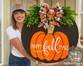 Fall Front Door Decor | Happy Fall Y'all Sign | Fall Wreath | Pumpkin | Fall Front Door Wreath | Fall Door Hanger | Fall Door Wreath