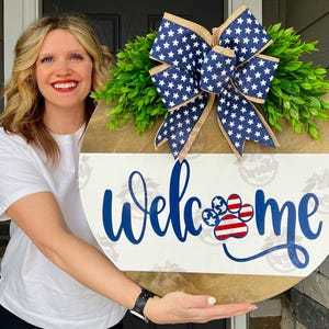 Fourth Of July Front Door Decor | Welcome | Dog | Fourth of July Wreath | American Flag Paw | Fourth of July Door Hanger | Door Wreath