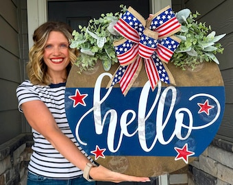 Fourth of July Front Door Decor | Hello Sign | Front Door Wreath | Happy 4th Of July | Fourth of July Decor | Fourth Of July Wreath