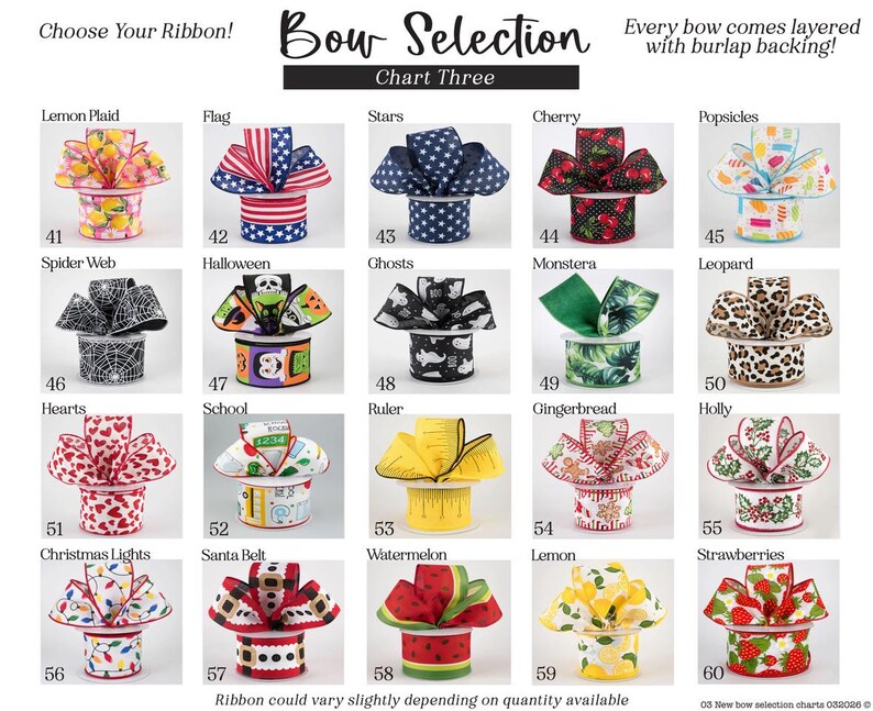 Op de afbeelding: Een strikselectiekaart nummer drie met twintig genummerde lintopties met diverse patronen, waaronder citroenen, vlaggen, sterren, kersen, ijsjes, spinnenwebben, Halloween-motieven, geesten, monsterabladeren, luipaardprint, harten, schoolspullen, linialen, peperkoek, hulst, kerstverlichting, kerstmanriemen, watermeloenen en aardbeien.